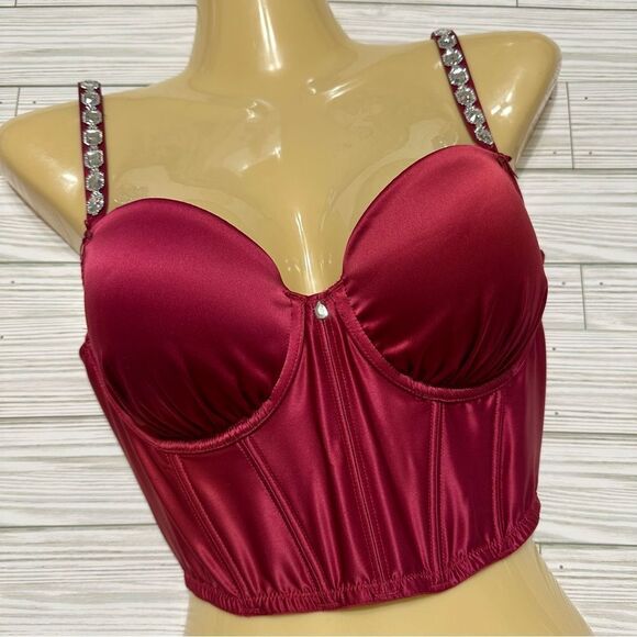 VICTORIA’S SECRET DREAM ANGELS RHINESTONE STRAP RASPBERRY CORSET BUSTIER TOP 34D - Picture 2 of 9
